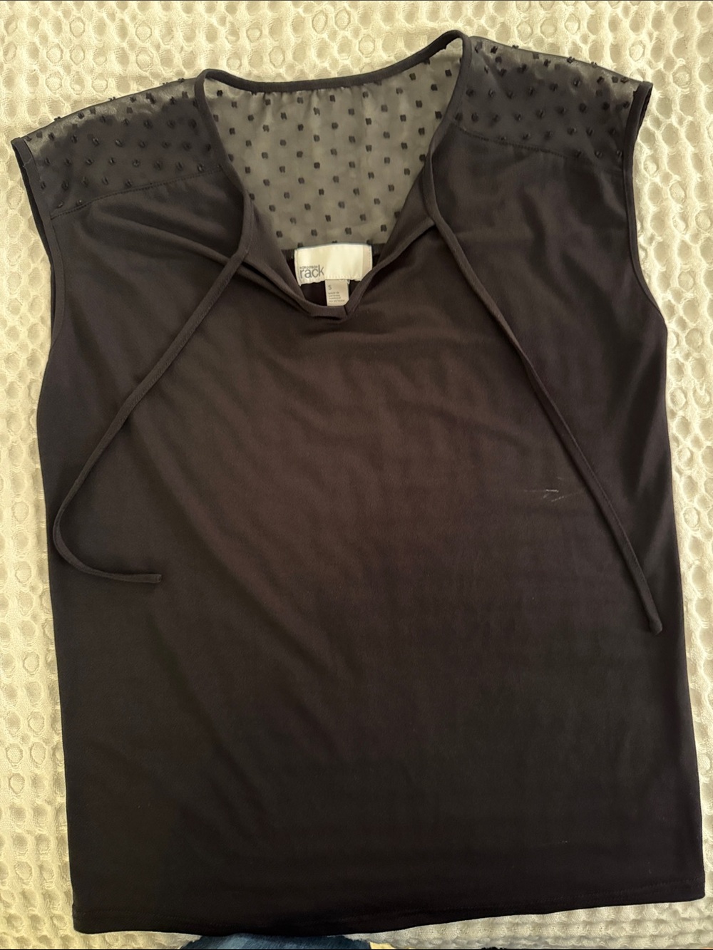 Sleeveless Black Dot-Yoke Tie Neck Tank Top